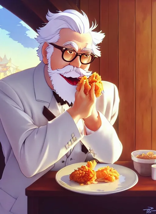 Image similar to cute colonel sanders eating fried chicken, natural lighting, path traced, highly detailed, high quality, digital painting, by don bluth and ross tran and studio ghibli and alphonse mucha, artgerm