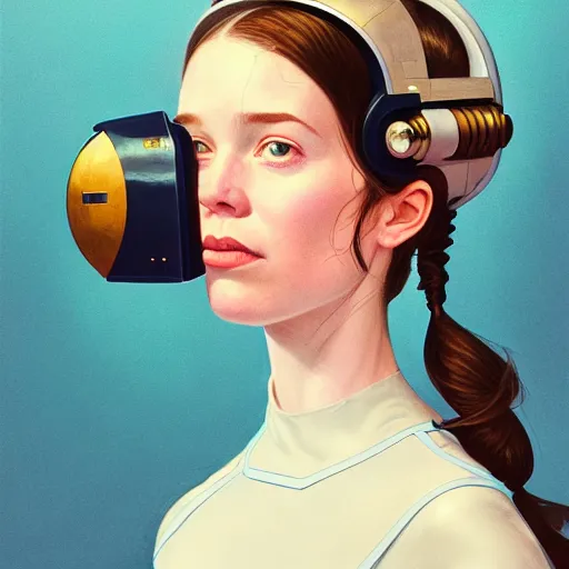 Image similar to A portrait of a girl wearing a vintage sci-fi astronaut helmet and holding a blaster, face, intricate, elegant, highly detailed, digital painting, artstation, concept art, smooth, sharp focus, illustration, art by phil noto and rebecca guay and james jean