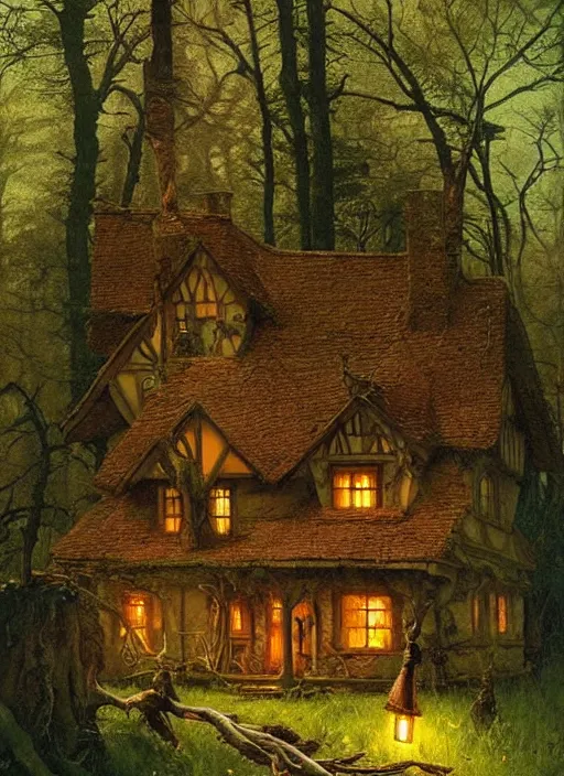 Image similar to hyper realistic homely witch cottage rococo in the woods gorgeous lighting, highly detailed, lush forest painting by norman rockwell, james gurney zdzisław beksinski and norman rockwell and greg rutkowskiweta studio