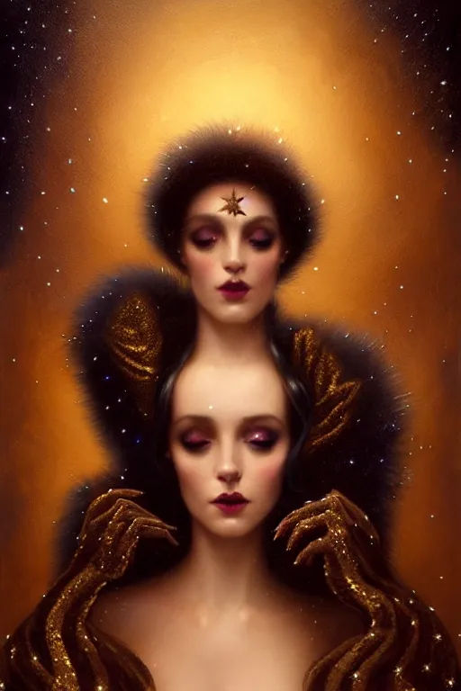 Image similar to Nocturne, glowing, stars, a portrait of a beautiful female shadow djinn creature with long fur collar, highly detailed, mysterious, ethereal, dressed in velvet and gold jewelry, haute couture, illustration, dramatic lighting, soft details, painting, by Edmund Blair Leighton, Brom, Charlie Bowater, trending on artstation, faces by Tom Bagshaw, otto schmidt