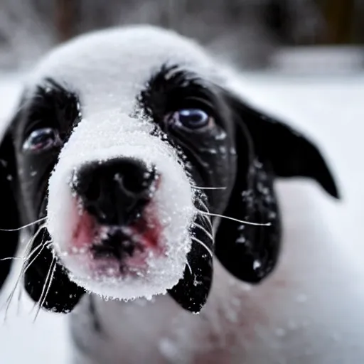 Prompt: Up close Photorealistic photograph of a cute puppy in snow, photorealism, photorealistic, realism, real, highly detailed, ultra detailed, detailed, shutter speed 1/1000, Canon EOS 90D, up-close, Wildlife Photographer of the Year, Pulitzer Prize for Photography, 8k