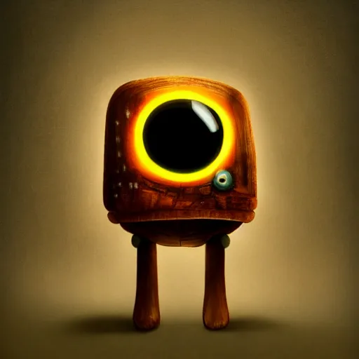 Image similar to a walking cute wood house with two mechanical legs and two glowing eyes and a mouth, rust, hyperrealistic, pareidolia, highly detailed, cinematic, single ray of sun, fog, beautiful, cgssociety, artstation, 8 k, oil painting