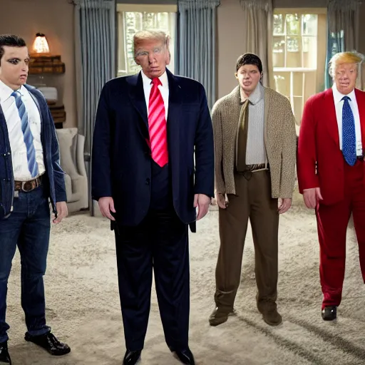 Image similar to a scene from the tv show, the boys, featuring donald trump as homelander.