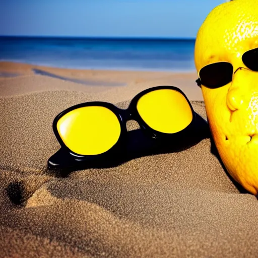 a lemon wearing sunglasses relaxing on the beach, | Stable Diffusion ...