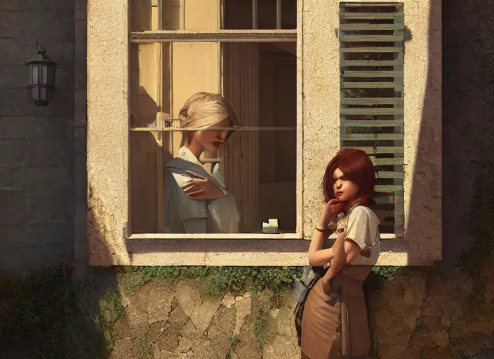 Image similar to seen through a window, italian village, by ilya kuvshinov, rtx rendering, octane render 1 2 8 k, maya, extreme high intricate details by tom bagshaw, composition by sana takeda, lighting by greg rutkowski