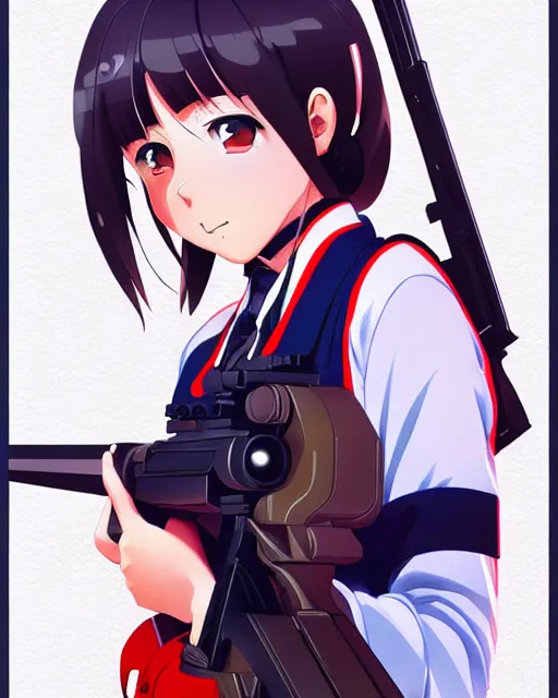 Image similar to anime!!! a pretty girl wearing a school uniform and holding a psg - 1 sniper rifle. symmetry face. realistic shaded lighting poster by ilya kuvshinov, katsuhiro otomo, kidmo!!!, trending on artstation, magali villeneuve, artgerm, jeremy lipkin and michael garmash