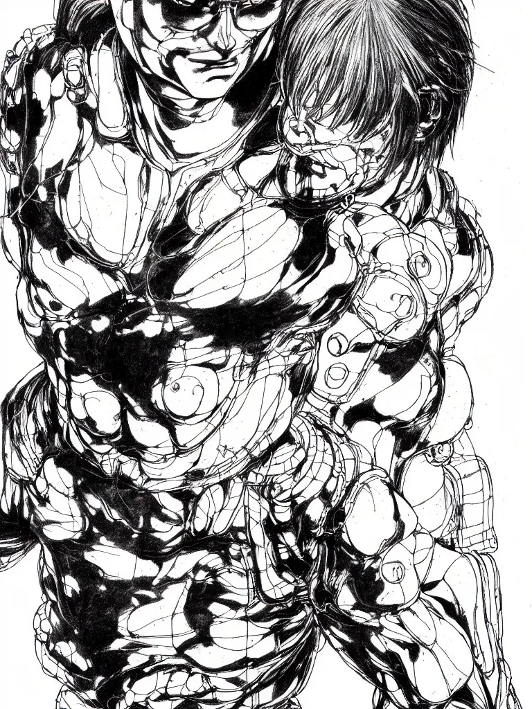 Image similar to prompt: Fragile looking figure, portrait face drawn by Katsuhiro Otomo, full body character drawing, inspired by Evangeleon and Akira 1988, cyborg and wire details parts, clean ink detailed line drawing, intricate detail, manga 1990, portrait centric composition