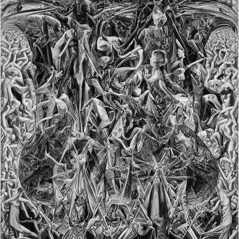 Image similar to meaning of death by Alex Grey and M. C. Escher collaboration