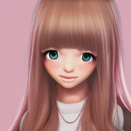 Image similar to Render of Nikki from Shining Nikki Dress-Up Game, a cute 3D young woman, long light pink hair, full bangs, full round face, hazel amber eyes, pale skin, cute freckles, light blush, Chinese heritage, smiling softly, wearing casual clothing, interior lighting, cozy home background, medium shot, mid-shot, hyperdetailed, trending on Artstation, Unreal Engine 4k