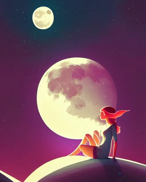 Prompt: beautiful painting of elven sitting on her flying bed and looking at the moon, art by mike winkelmann and by petros afshar, sky night, illustration, highly detailed, simple, smooth and clean vector curves, no jagged lines, vector art, smooth, artstation