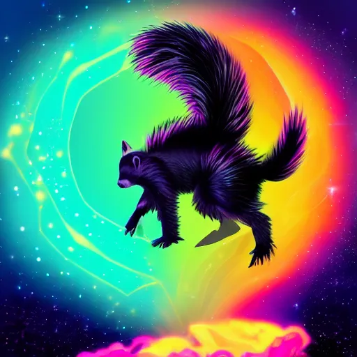 Image similar to skunk, synthwave, universe background, nebula, galaxy, artstation