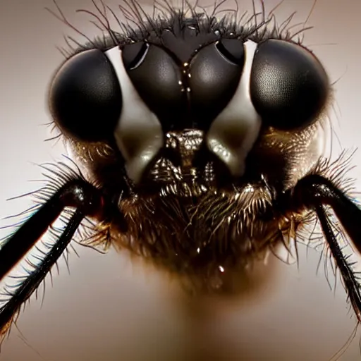 Image similar to a macro photograph of a fly with the head and face of donald trump