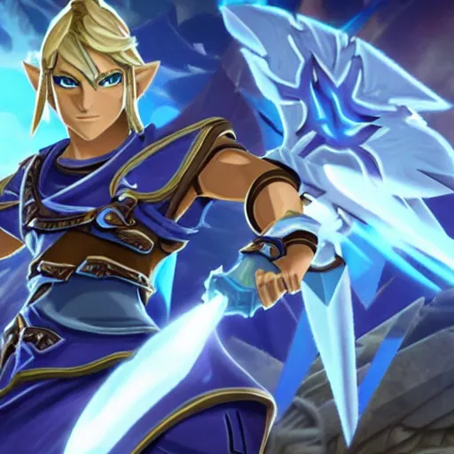 Image similar to link fierce deity as a character in the game league of legends, with a background based on the game league of legends, detailed face