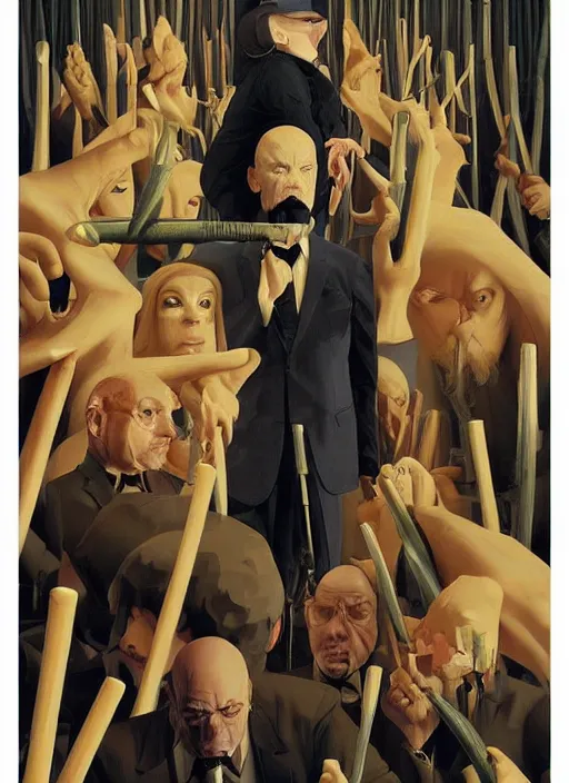 Prompt: poster artwork by Michael Whelan and Tomer Hanuka, Karol Bak John Malkovich is a conductor in tuxedo tails, from scene from Twin Peaks, clean
