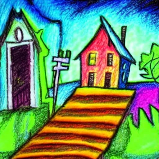 Prompt: pastels drawing of a haunted house, crazy colors, colorful, scary, cartoonish