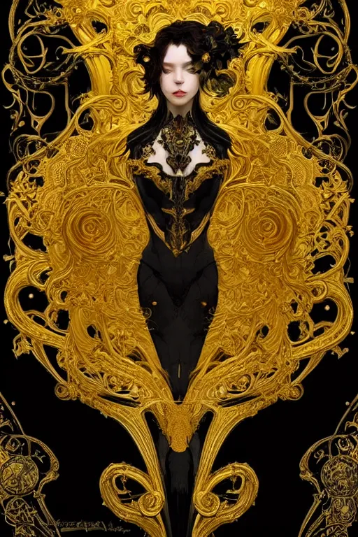 Image similar to beautiful black yellow, complicated gold the baroque style decoration, dark fantasy, intricate, elegant, highly detailed, digital painting, artstation, concept art, matte, 3 d 8 k octane rendered, sharp focus, illustration, octane rendered, art by artgerm and alphonse mucha, leesha hannigan, ross tran