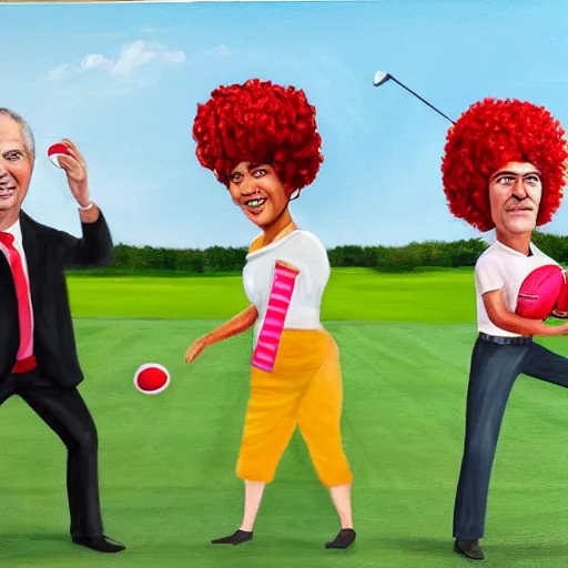 Image similar to A hyper realistic painting of old times politicians with wigs, playing American football with a watermelon on a golf course. Award winning, 4K