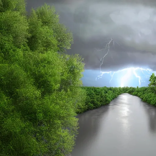 Image similar to a hyper realistic image of a river going between the trees and it is raining heavily and in the cloud you can see lightning 3 d