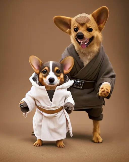 Image similar to baby yoda and his best friend corgi kenobi, a corgi dog dressed as obi wan kenobi in jedi robes, photographed in the style of gilbert taylor, star wars, tatooine