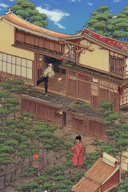 Image similar to beautiful anime illustration of a rural japanese home, by moebius, masamune shirow and katsuhiro otomo