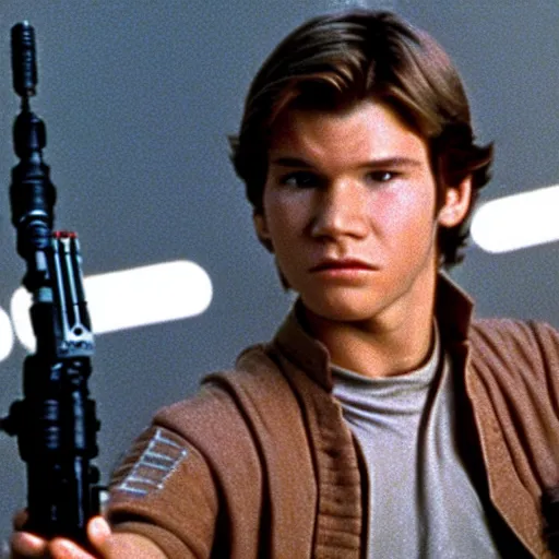 Image similar to A full color still from a film of a teenage Han Solo as a Jedi padawan holding a lightsaber hilt, from The Phantom Menace, directed by Steven Spielberg, 35mm 1990