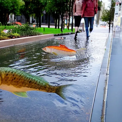 Image similar to a liquid sidewalk with a group of fish swimming inside it