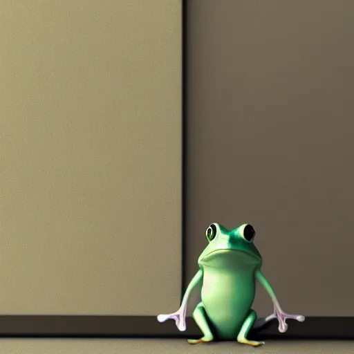 Prompt: a small frog standing on two feet at the hotel reception entry, 3 d render, houdini 3 d, octane 3 d