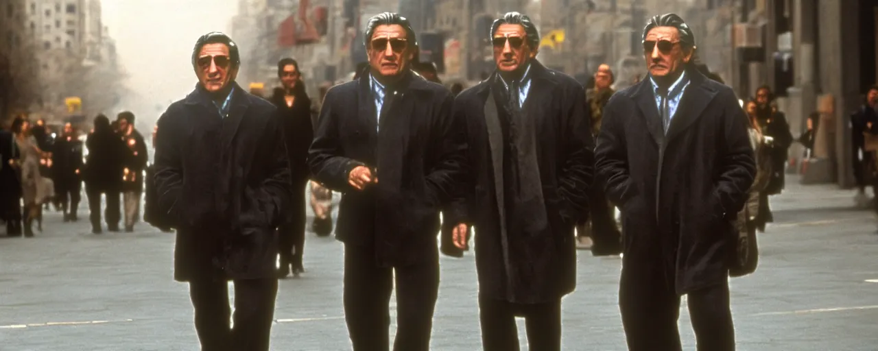 Prompt: a film still of a giant Robert de Niro strolling down fifth Avenue high quality .