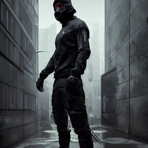 Image similar to A broad shouldered, muscular man in a Acronym Riot Division Nike techwear outfit, Acronym P31-ds pants, trending on r/techwearclothing, high quality, digital art, cyberpunk city, Summer, greg rutkowski