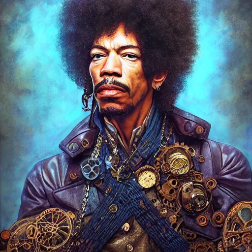 Prompt: steampunk portrait of jimi hendrix, hyper detailed, digital art, trending in artstation, cinematic lighting, studio quality, smooth render, unreal engine 5 rendered, octane rendered, art style by klimt and nixeu and ian sprigger and wlop and krenz cushart.