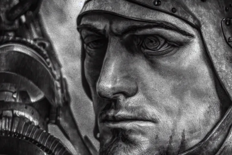 Prompt: still photo of renaissance age war man looking at the camera in a battlefield, black and white color aesthetic, highly detailed, photorealistic portrait, bright studio setting, studio lighting, crisp quality and light reflections, unreal engine 5 quality render