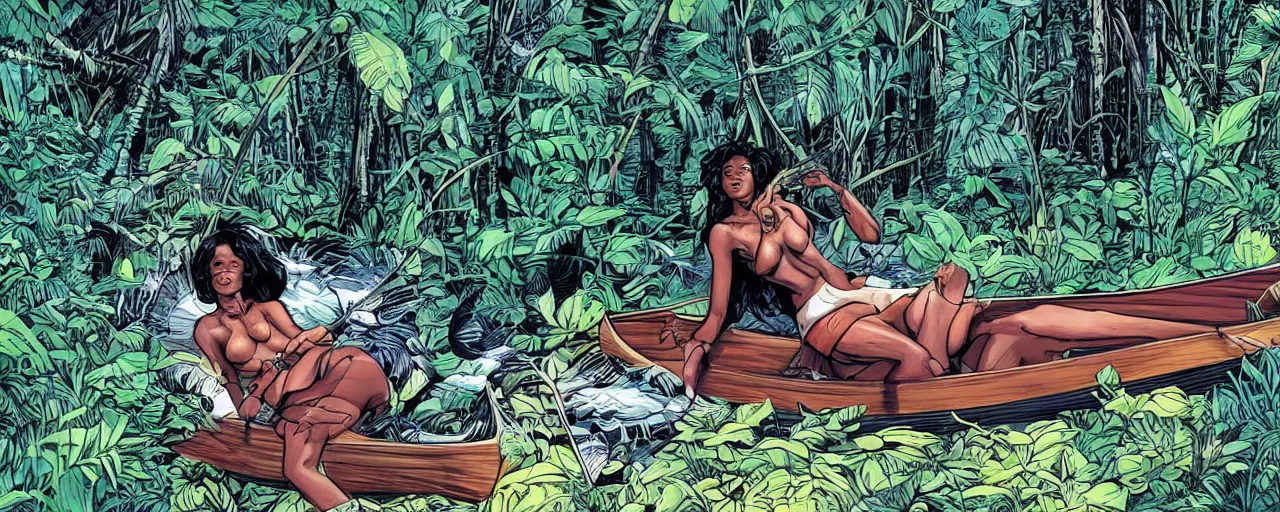 Prompt: a black woman lying down in a canoe that is floating down a river on an alien planet. In the background and surroundings is a lush alien jungle, artstation, graphic novel, art by Chris Bachalo and Marc Silvestri and John Cassaday,