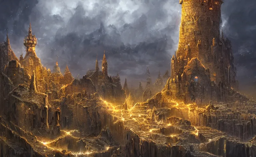 Prompt: an arcane fortress, magical and powerful, stone brick, laced with gold, landscape art, mindblowing, concept art, matte, illustration, ominous, magical, dnd, 4 k uhd, very detailed