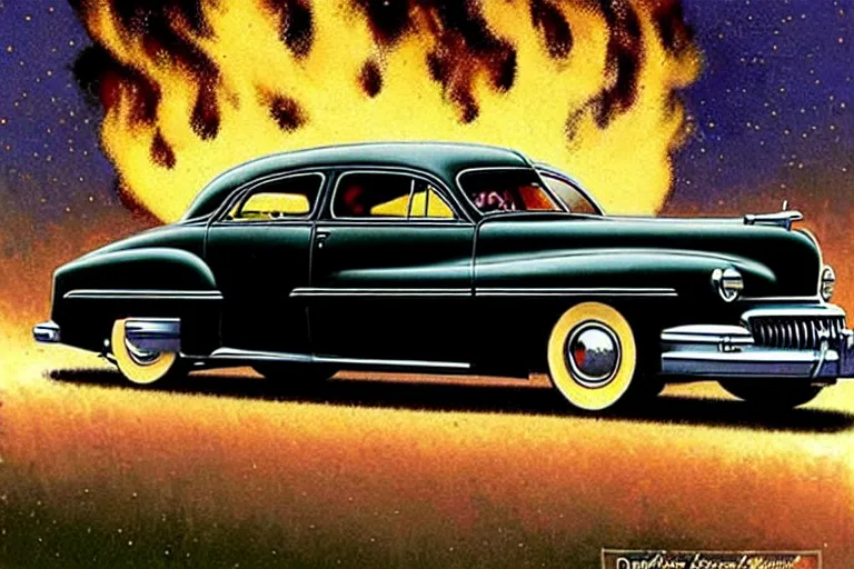 Prompt: in the style of norman rockwell, thomas kinkade, 1 9 4 8 desoto car, black, driving through a 1 9 5 0 s town that's on fire, night time, elaborate, high saturation, heat haze