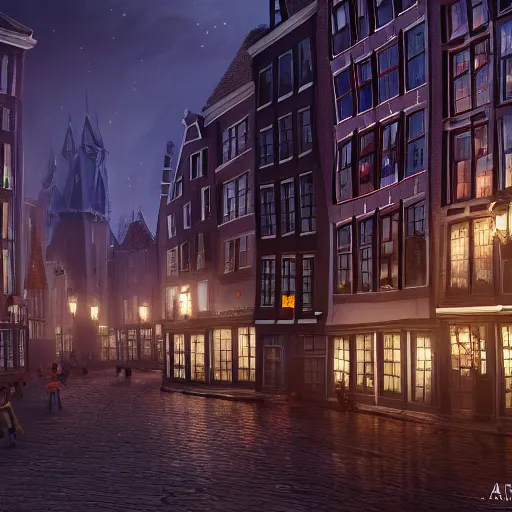 Image similar to a magical town with a few very tall crooked buildings, inspired by amsterdam and victorian england, night time, magical realism, dreamlike, digital painting, highly detailed, concept art, game art, matte painting, trending on artstation, octane render, 8 k, unreal engine