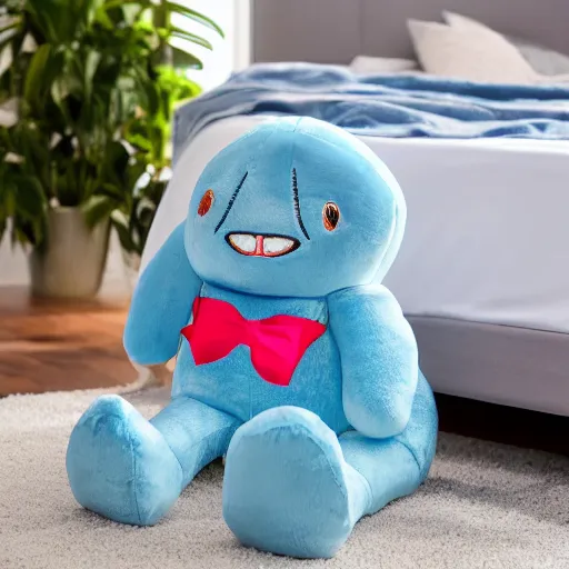 Image similar to blue'snappy gifts'plush doll, on water matress, gifts, bright atmosphere, high detail, soft lighting, 8 k