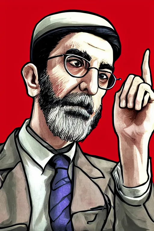 Prompt: khamenei, with quotes : destroy destroy america, pointing index finger, delete duplicating content, delete disable content and fix it, hyperrealistic anatomy content, violet polsangi pop art, gta chinatown wars art style, extreme quality masterpiece, bioshock infinite art style, incrinate, 2 color, white frame, content balance proportion