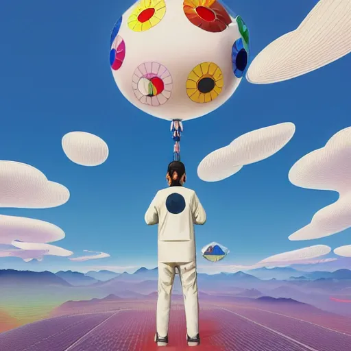 Image similar to a man walking on clouds away from the camera above kyoto by takashi murakami, beeple and james jean, aya takano color style, 4 k, super detailed, modern, 4 k, symmetrical