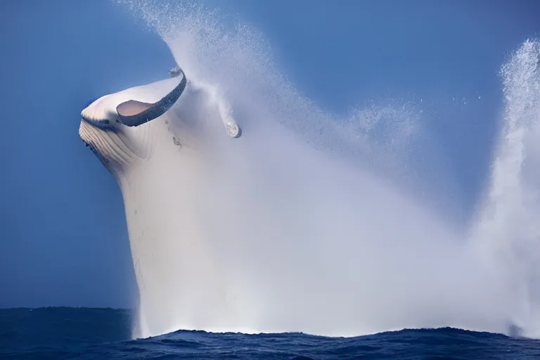 Prompt: underwater photography of a gigantic white whale jumping a wave at nazare