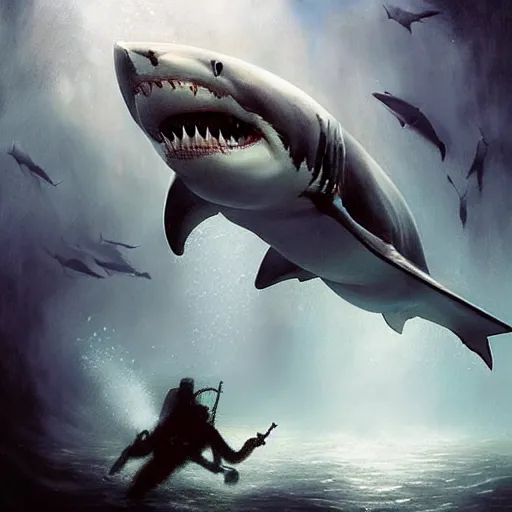 Prompt: a dream fantasy painting of ( white shark with blood teeth ) near a scuba diver, in the deep, trending on artstation, deviantart, matte painting by antonio j. manzanedo, greg rutkowski, holly bruce,