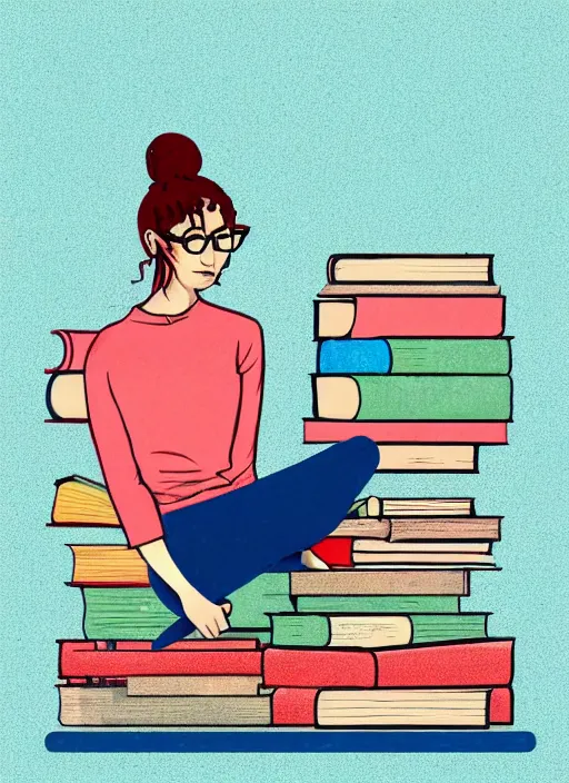 Prompt: a young woman with red hair in a bun and glasses sits on top of a tall pile of books. she is reading. clean pretty cartoon painting, cel shaded, minimal outlines, beautiful detailed face.