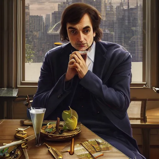 Image similar to portrait painting of carl sagan drinking a martini, ultra realistic, concept art, intricate details, serious, highly detailed, photorealistic, octane render, 8 k, unreal engine. art by artgerm and greg rutkowski and alphonse mucha