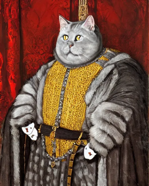 Image similar to fat gray cat with yellow eyes dressed like henry viii, tudor period clothing in red gold and black, greg rutkowski, royal portrait, painting