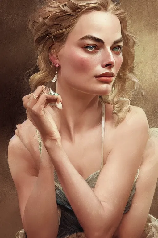 Image similar to A full portrait of Margot Robbie, intricate, elegant, highly detailed, digital painting, artstation, concept art, smooth, sharp focus, illustration, art by Krenz Cushart and Artem Demura and alphonse mucha