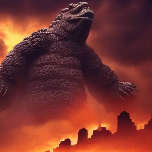 Prompt: a giant teddy ruxpin as godzilla destroying a city, hyperrealistic, dramatic lighting, black clouds and lighting in the sky