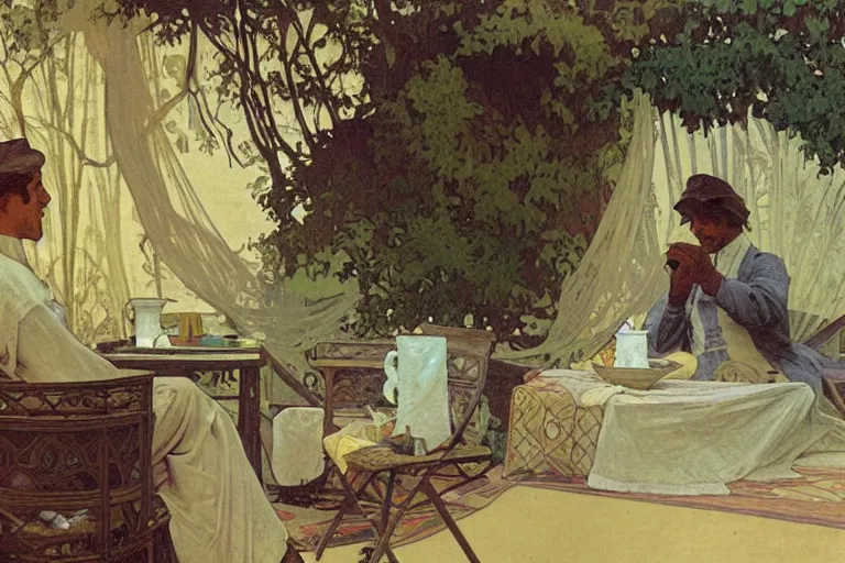 Prompt: a matte painting of a man sitting down and having a cup of tea in his house by the beach, by alphonse mucha, muted colors