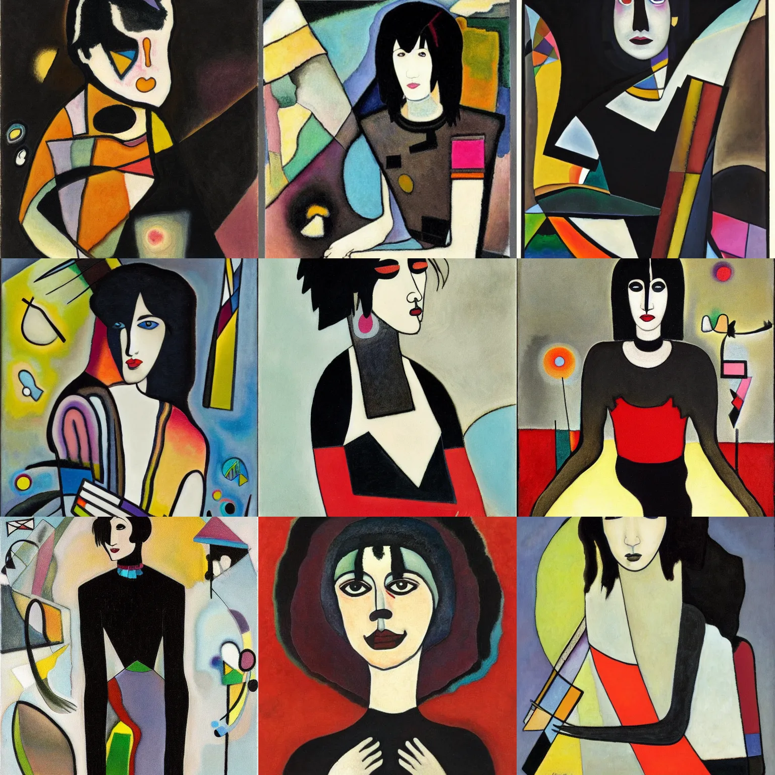 Prompt: an emo portrait painted by wassily kandinsky. her hair is dark brown and cut into a short, messy pixie cut. she has large entirely - black evil eyes. she is wearing a black tank top, a black leather jacket, a black knee - length skirt, a black choker, and black leather boots.