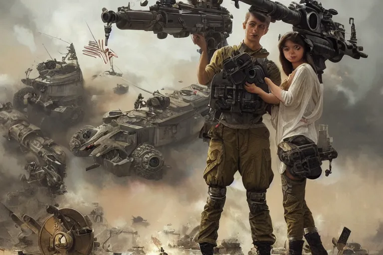 Image similar to Boy and girl holding each other's hands standing scared in front of a military war machine which is aiming at them. beautiful detailed photograph intricate insanely detailed octane render, 8k artistic photography, photorealistic, art by artgerm and greg rutkowski and alphonse mucha, detailed, trending on artstation