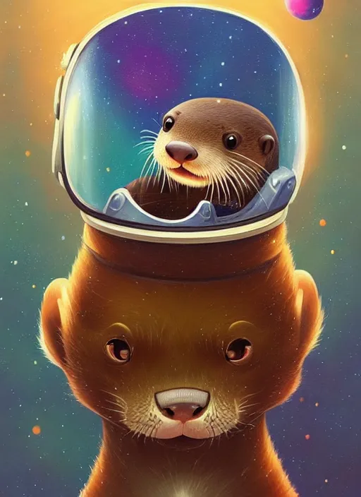 Prompt: a portrait of a cute otter with a space helmet, swimming through a beautiful galaxy!!!, detailed, artstation, art by miyazaki and rhads