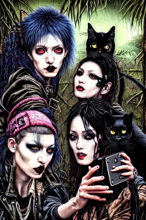 Prompt: punk rock girls kissing and making selfie with black cats in jungle , 1980 style by by Ayami Kojima, mad max jacket, post apocalyptic, Cyberpunk, renaissance, Gothic, mystic, highly detailed, digital painting, 4k, fog, oil painting by Leonardo Da Vinci, hyper realistic style, fantasy by Olga Fedorova